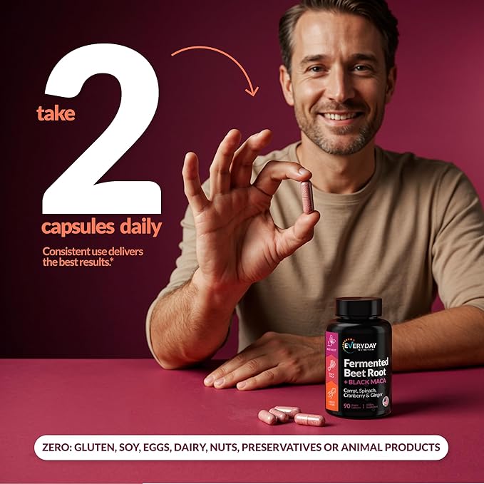 Organic Fermented Beet Root & Black Maca Capsules with Carrot, Spinach, Cranberry & Ginger | Superfood for Energy, Stamina & Wellness | 90 Veggie Capsules | Made in USA