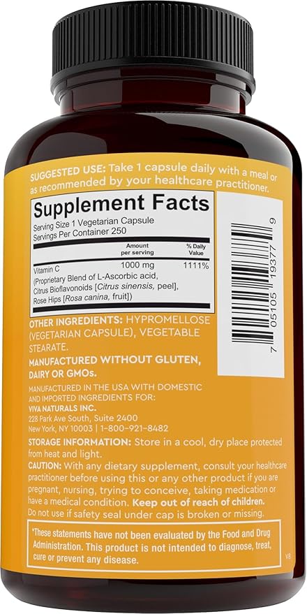 Viva Naturals Vitamin C, 1000 mg, 250 Vegetarian Capsules – with Citrus Bioflavonoids & Rose HIPS, Non-GMO for Immune Support & Antioxidant Protection