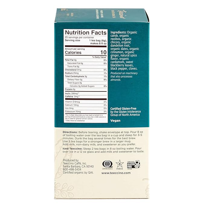 Teeccino Dandelion Red Chai Tea - 25 Tea Bags - Caffeine-Free, Roasted Herbal Tea with Prebiotics, 3x More Herbs than Regular Tea Bags, Gluten Free