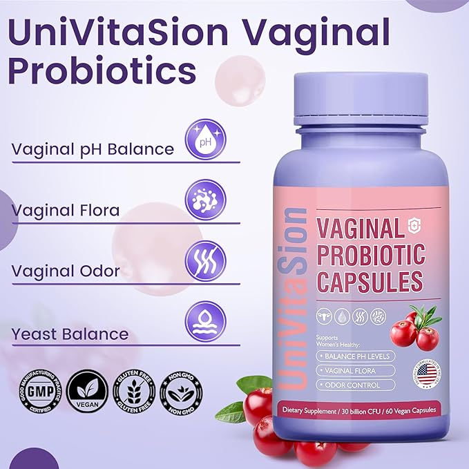 UniVitaSion Vaginal Probiotics for Women pH Balance, Lactobacillus Prebiotic Complex, Cranberry Extract, D-Mannose for Protect Vaginal Health Flora, Vaginal Odor Control - 30 Billion CFU, 60 Capsules