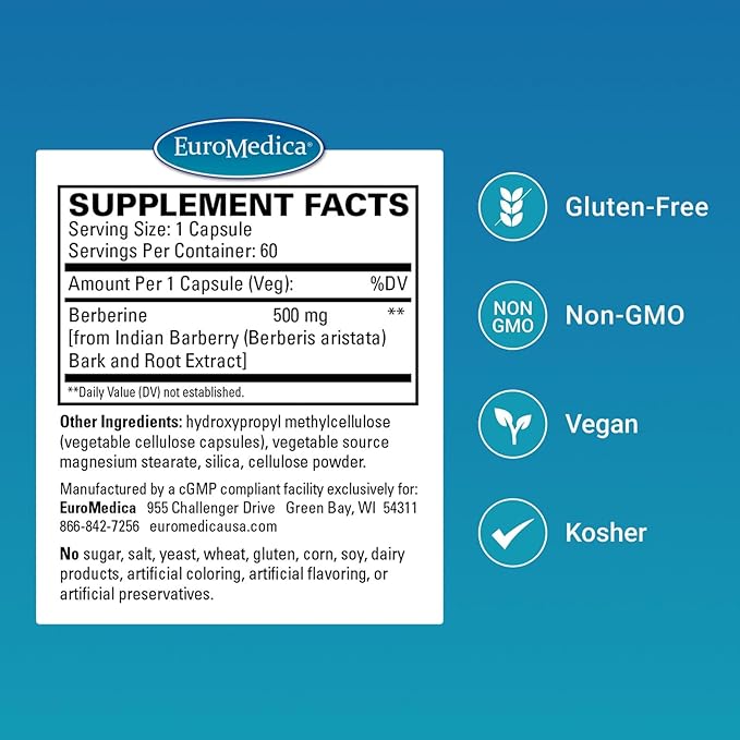 EuroMedica Berberine 500 mg - Brain & Liver Health Support Supplement - Dietary Supplement with Indian Barberry Root Extract - Vegan Capsules for Metabolic Health Support - 60 Capsules