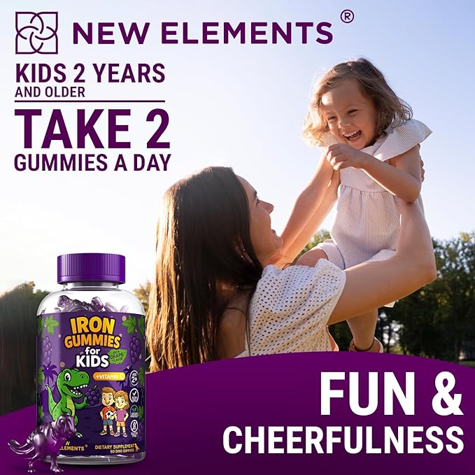 Iron Dinosaur Gummies for Kids with Vitamin C | Sugar-Free, Vegan, Gluten-Free & Non-GMO | Anemia Relief, Energy & Blood Health Support | Grape Flavor, Pectin-Based for Optimal Health (Pack of 2)