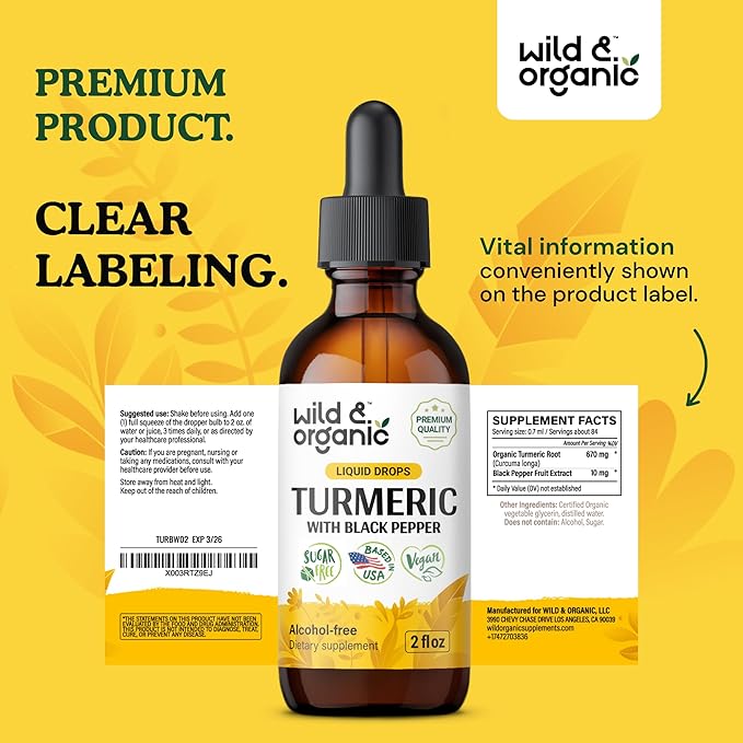 Wild & Organic Turmeric Curcumin Supplement with Black Pepper - Movement & Immune Support - Liquid Turmeric Curcumin with Black Pepper - Add to Tea Drops - Vegan, Sugar & Alcohol-Free Tincture - 2 oz