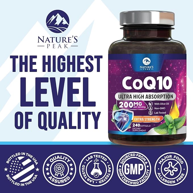 CoQ10 Softgels - Ultra High Absorption Coenzyme Q10 200mg Per Serving - Co Q 10 Softgel Supplement With Black Pepper, Energy & Heart Support Antioxidant - for Women & Men, Bottled USA - 240 Softgels