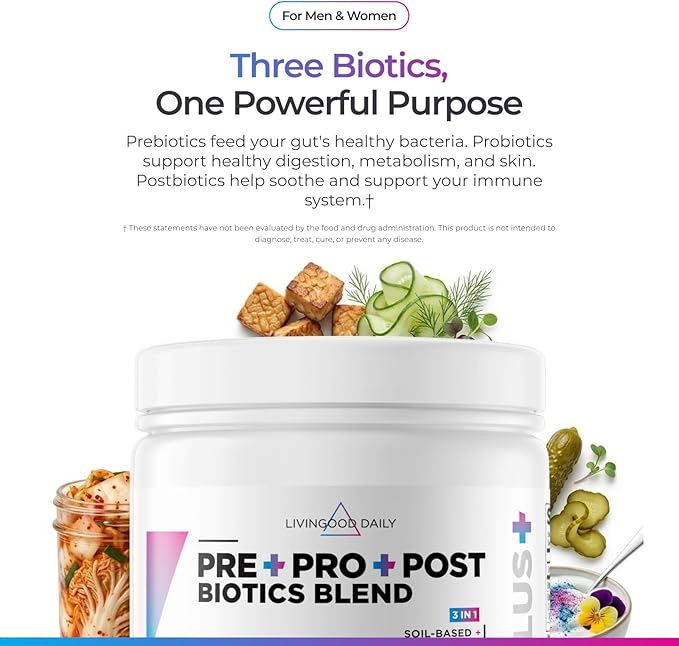 Livingood Daily Pre Pro Post Biotics Blend Powder, Digestive Health Supplement with Prebiotics from Organic Blue Agave Inulin, SBO Probiotics, Probiotics for Women & Men, Non GMO, Vegan, 30 Servings