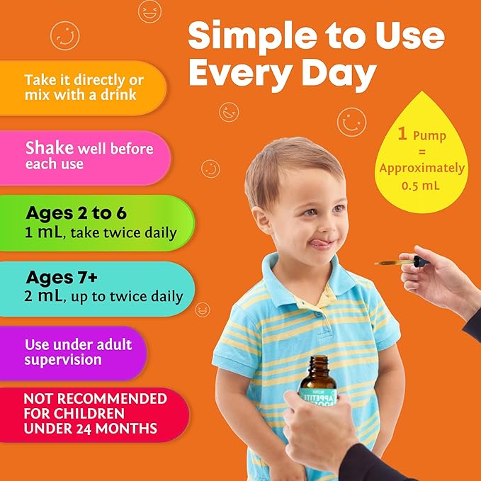 Appetite Booster Drops for Kids - Toddler Liquid Formula to Support Healthy Nutrient Absorption with Vitamins B1 B3 B6 B12 Zinc & L-Lysine - Ages 2+ - Sugar-Free 2 Fl Oz