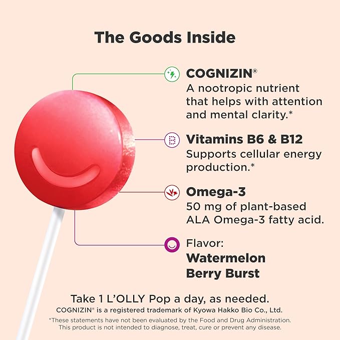 OLLY Focus Buddies L’OLLY Pops, Cognizin, Vitamins B6 & B12, Omega-3 ALA, Supports Focused Attention & Healthy Brain Function,* Kids 4+ Dietary Supplement, Watermelon Strawberry,25 Count (Pack of 2)