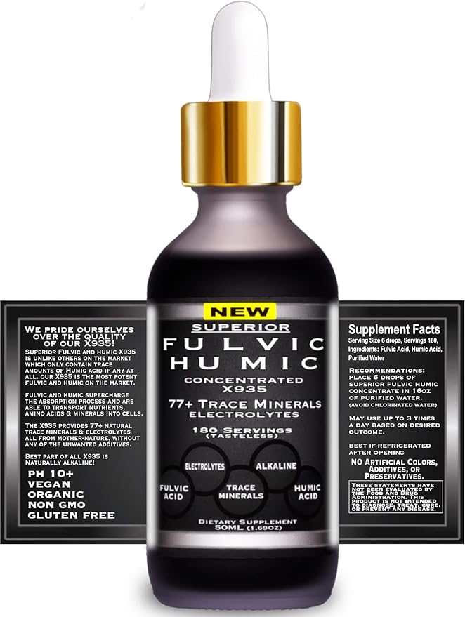Fulvic Humic Mineral Blend – 180 Servings | Superior X935 Humic and Fulvic Acid Supplement | 77+ Trace Mineral Drops with Electrolytes | Improve Gut Health, Leaky Gut Repair with Fulvic Acid Organic
