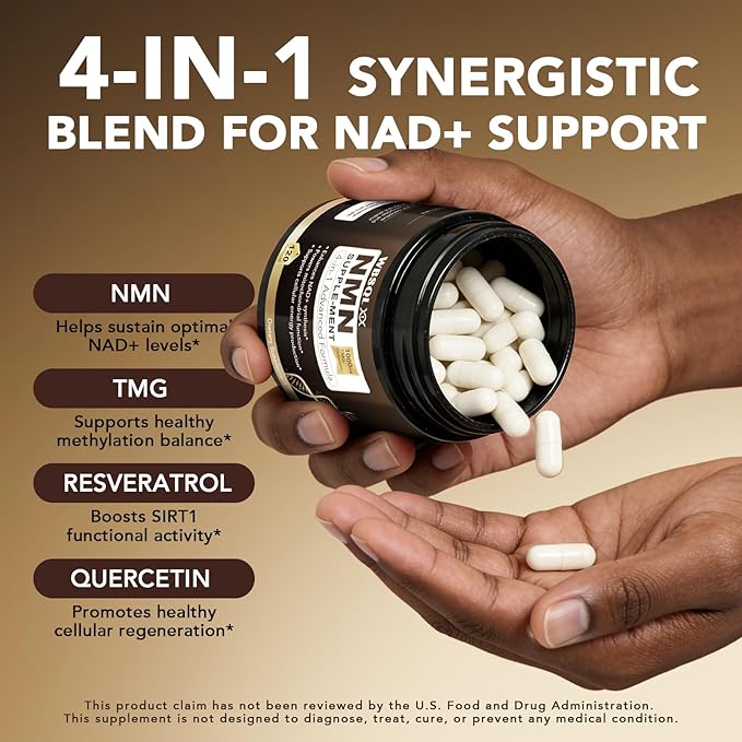 NMN Supplements 1000mg Pure Organic – NMNH, NAD+ Alternative & NAD Supplement, Resveratrol 1000mg Organic, NAD Resveratrol Supplement, TMG & Quercetin for Cellular Support, 120 Capsules