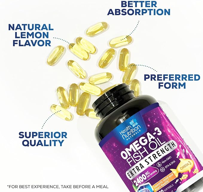 Omega 3 Fish Oil Supplements - 2400mg Fish Oil Per Serving - Triple Strength Omega-3 with EPA & DHA Fatty Acids - Natural Heart, Brain & Immune Support - Wild Caught, Bottled in USA - 180 Softgels