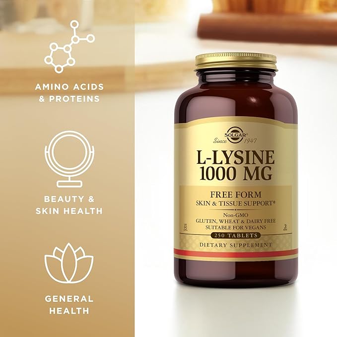 Solgar L-Lysine 1000 mg - 250 Tablets - Skin & Tissue Support - Non-GMO, Vegan, Kosher, Gluten Free - 250 Servings