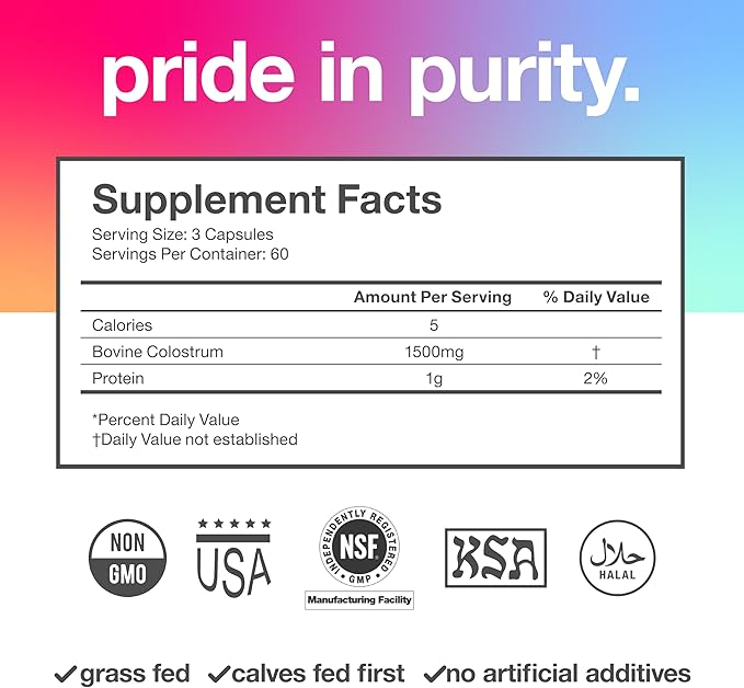 Pure Bovine Colostrum 180 Capsules - Antibiotic and Hormone Free - USA Sourced - All Natural - 100% First Milking