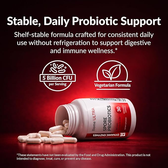 Biome Ultra Spore Probiotic + Prebiotic FOS (ProbioSEB CSC3) – 5 Billion CFU Per Capsule – Bacillus Coagulans, Subtilis & Clausii – Shelf-Stable Daily Probiotic for Gut & Microbiome Support – 30 Caps