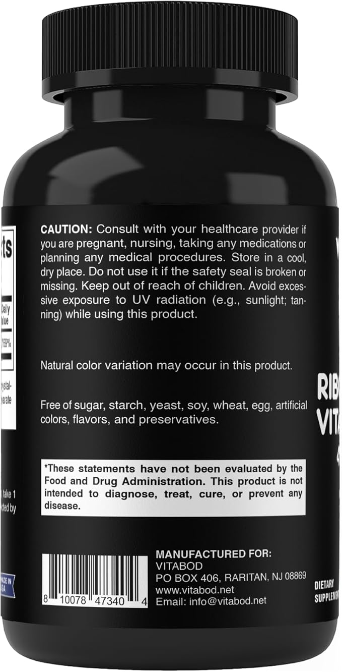 Vitabod Vitamin B2 (Riboflavin) 400 mg 240 Vegetarian Capsules - Support Cellular Energy and Red Blood Cell Production