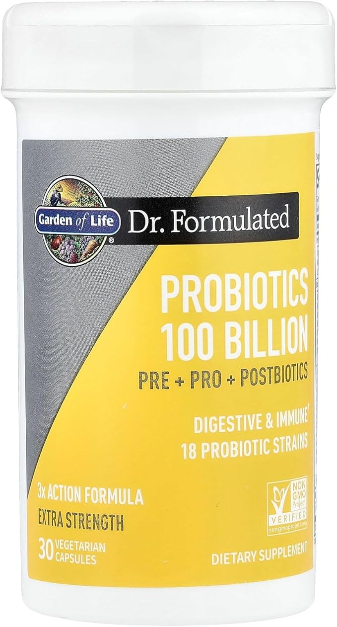 Garden of Life Dr. Formulated Pre, Post & Probiotics 100 Billion CFU Once Daily 3-in-1 Complete Probiotics, Prebiotics & Postbiotics Supplement for Women and Men – Extra Strength, 30 Day Supply