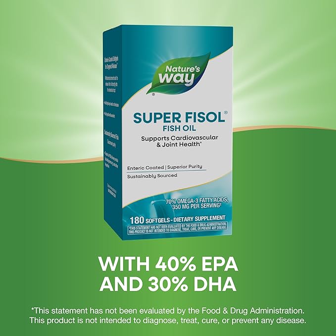 Nature's Way Super Fisol Fish Oil Omega 3 Supplements, Enteric Coated, Supports Cardiovascular and Joint Health*, Mega Potency Omega-3s, 180 Softgels (Packaging May Vary)