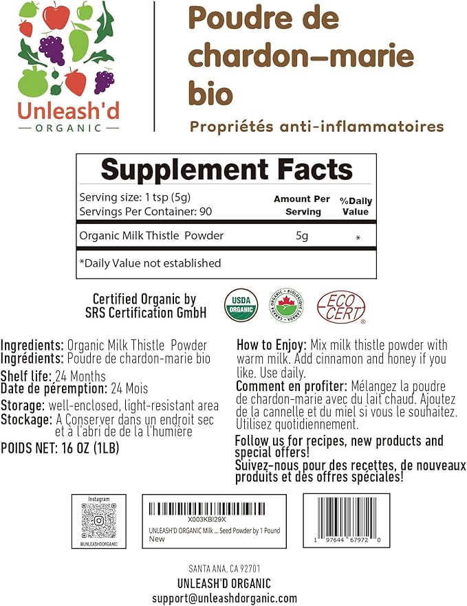 Unleash’d Organic Milk Thistle Powder 16oz – 100% Pure, Rich in Silymarin & Antioxidants, Supports Liver and Immune Health