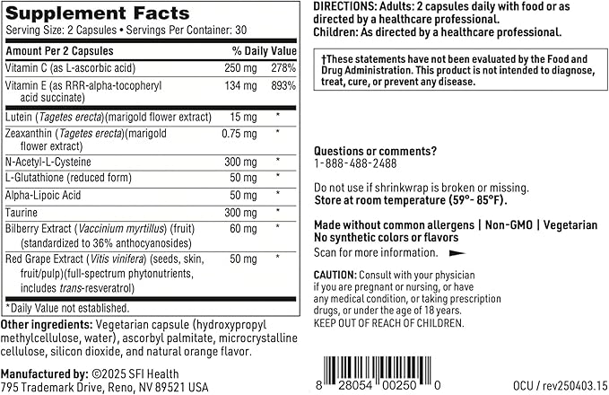 Klaire Labs SFI Health Ocuthera - Hypoallergenic Lutein, Zeaxanthin & Bilberry Extract Formula for Antioxidant Eye Support (60 Capsules)