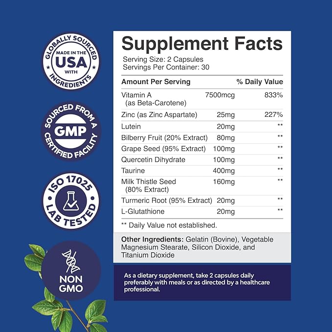 Bundle of Eye Health Supplement for Adults - Lutein 20mg Per Serving for Vision Dry Eyes and Blue Light Protection with Beta Carotene and Zinc 50mg Immune Support to Enhance Hair Skin and Nails