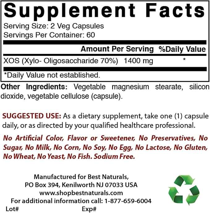 Best Naturals Prebiotics Fiber XOS (Xylo Oligosaccharide) 1400mg Serving 120 Veg Capsules