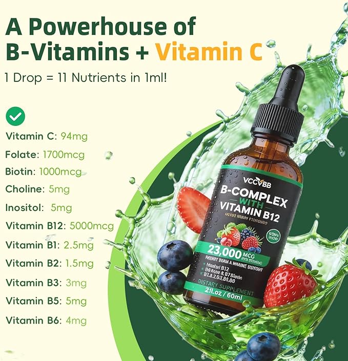 Vitamin B Complex Drops, Active B12 Methylcobalamin 5000mcg, B6, B1, B2, B5, B7, B3, Folate with Vitamin C, B12 Sublingual Liquid Fast Absorption | Boost Energy, Focus & Immunity, Vegan | 60 Servings