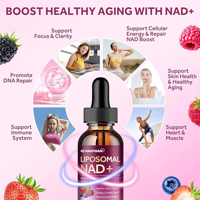 Liposomal NAD Supplement - 1200mg NAD+ Liquid Drops for Women with Nicotinamide, Resveratrol, Quercetin, TMG, Black Pepper Extract - Brain & Cellular Mitochondrial Health,Anti-Aging,Longevity，4 Fl Oz