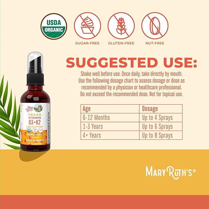 MaryRuth's Organic D3 + K2 Spray for Adults & Kids for Bone Health | Vitamin D3 as Cholecalciferol | Vitamin K2 | Immunity | Mineral Absorption | Heart Health | Vegan | Non-GMO | Gluten Free | 1 Fl Oz