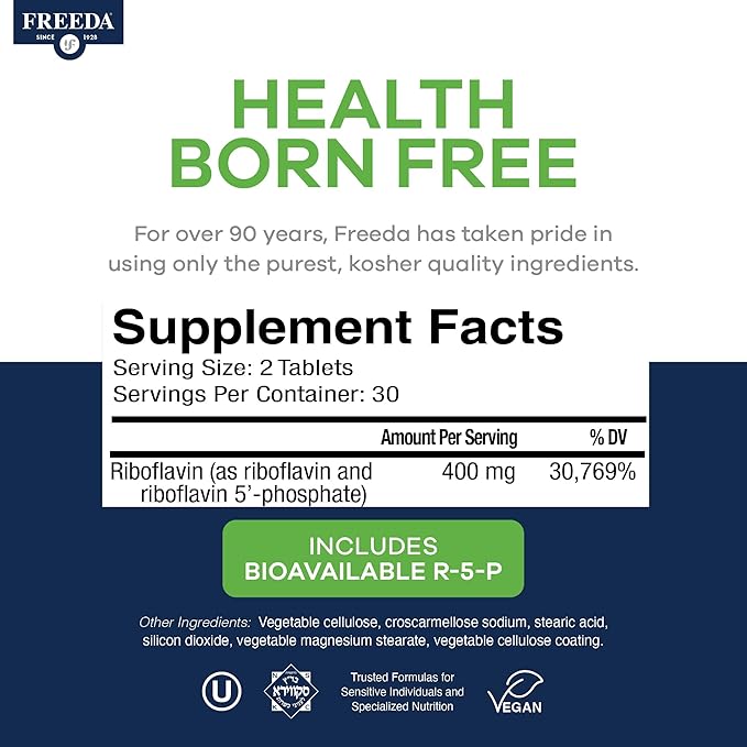 FREEDA Vitamin B2 400 mg Supplement with Riboflavin-5-Phosphate – High Potency B2 Vitamins Riboflavin 400mg per Serving for Energy, Metabolism & Nervous System – Vegan VIT B 2, Small Tablets (60 Ct)