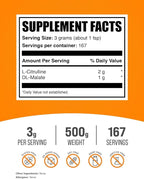 BulkSupplements.com L-Citrulline Malate 2:1 Powder - Nitric Oxide Boost, Citrulline Malate Supplement - Unflavored & Gluten Free - 3g per Servings, 500g (1.1 lbs) (Pack of 1)