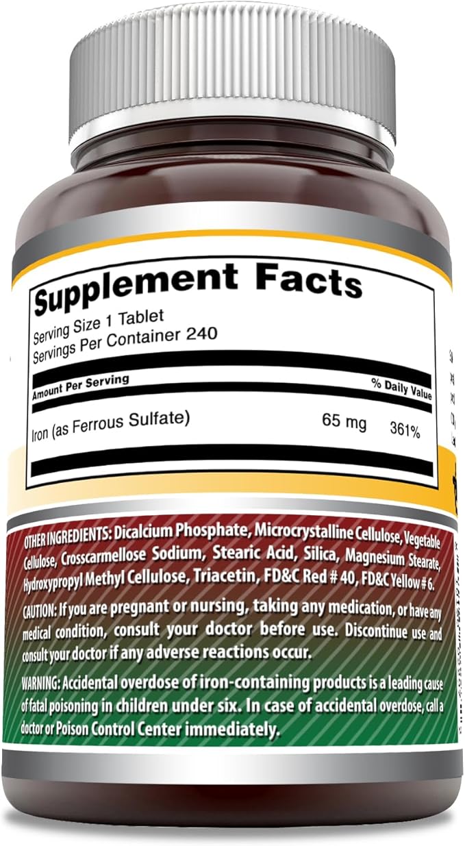 Amazing Formulas Iron as Ferrous Sulfate Supplement | 65 Mg | Tablets | Non-GMO | Gluten Free | Made in USA (240 Count | 2 Pack)