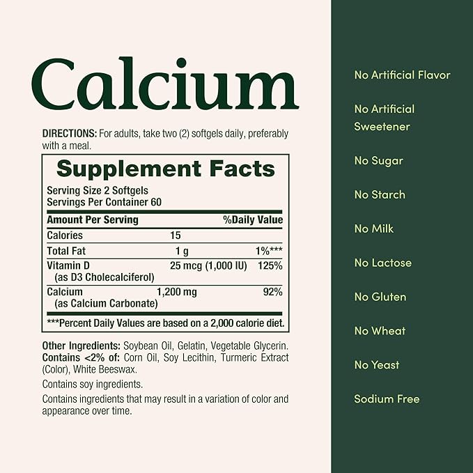 Nature's Bounty Calcium 1200 mg with 1000 IU Vitamin D3 - Bone Health Softgels, Calcium and Vitamin D Supplement, Gluten Free, 2 Softgels per Day, 120 ct (Pack of 1)