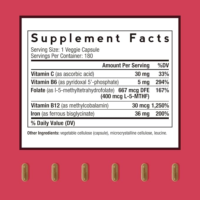 Doctor's Recipes Iron Supplement for Women Men - Gentle Iron Bisglycinate with Vitamin C, B6, Folate & B12, Stomach Friendly Iron Pills, 180 Vegan Caps