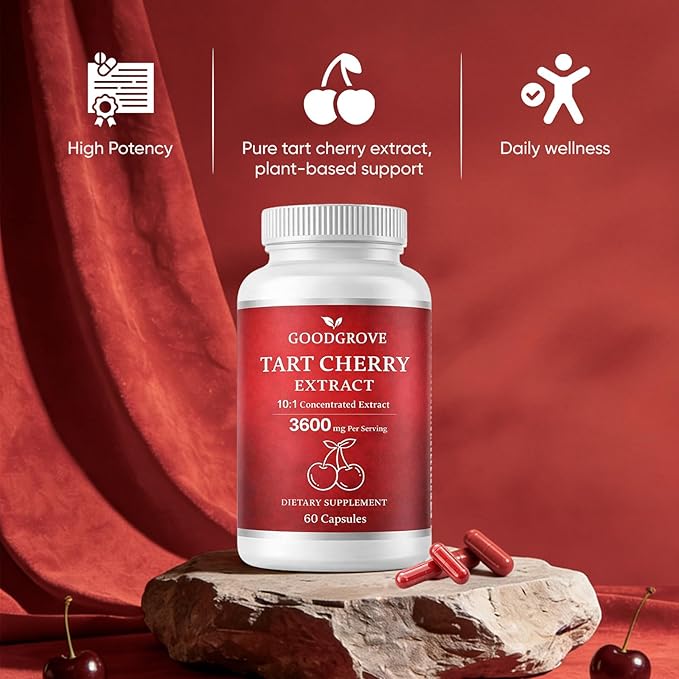 Good Grove Tart Cherry Extract Capsules, Tart Cherry Extract 3600 mg 10:1, Vegan Non-GMO Dietary Supplement, 60 Capsules
