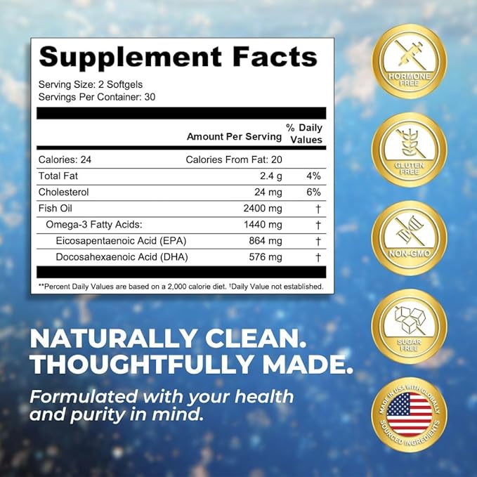 Vital Omega 3 Fish Oil Supplements 2400mg | 864mg EPA & 576mg DHA | 1440mg Total Omega-3 Fatty Acids | Promotes Brain & Heart Health | Non-GMO, Gluten-Free, Sugar-Free | Lemon | 30 Day Servings