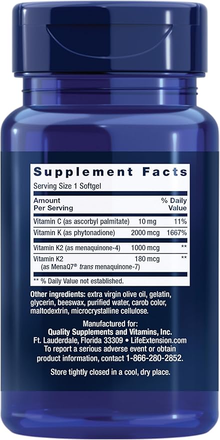 Life Extension Super K, Vitamin K Supplement, 2000 Mcg Vitamin K and 1180 Mcg Vitamin K2, Heart Health, Once-Daily, 90 Softgels