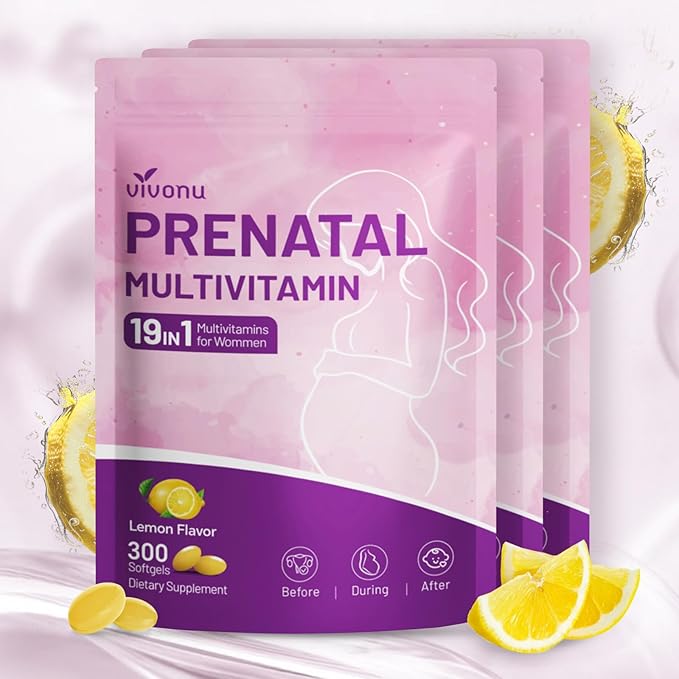 VivoNu 19 in 1 Prenatal Multivitamin, 900 Softgels Prenatal Vitamins, Lemon Flavor, Before, During & Post Pregnancy with Folic Acid, Probiotic, Biotin, Zinc, Vitamin D3, K2, B6, B12, C & More, 3 Bag