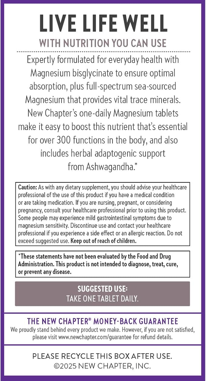 New Chapter Magnesium + Ashwagandha Supplement, 325 mg with Magnesium Glycinate for Muscle Relaxation & Recovery, Heart, Nerve & Bone Health, 2.5X Absorption, Non-GMO - 90 ct (3 Month Supply)