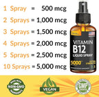 Vitamin B12 Sublingual Spray 5000 mcg – Vegan Methylcobalamin Liquid B12 Boost Energy, Mood & Brain Health - Gluten-Free, Non-GMO B12 Spray for Men & Women - Easy Dosage (5000 mcg in 10 Sprays)