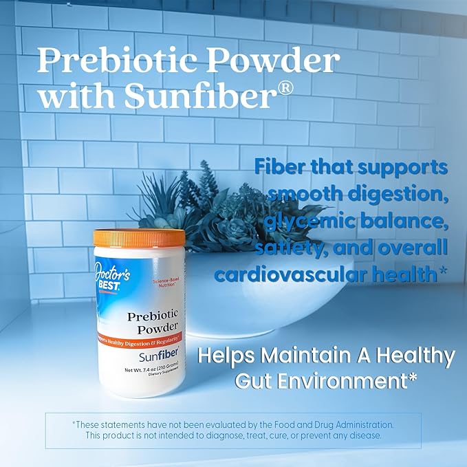 Doctor's Best Prebiotic Powder Supplement with Sunfiber Guar Fiber - Digestive Health & Nutrition Support for Women & Men, Unflavored, Easy Dissolve, Gluten Free, Non GMO, Vegan - 7.4 oz