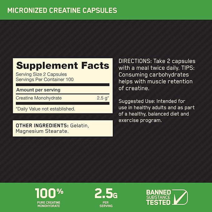 Optimum Nutrition Micronized Creatine Monohydrate Capsules, Keto Friendly, 2500mg, 200 Capsules (Packaging May Vary)
