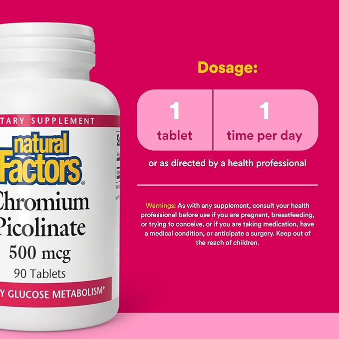 Natural Factors Chromium Picolinate 500 mcg - Supports Healthy Metabolism & Chromium Levels - Aids Macronutrient Breakdown - 90 Tablets (90 Servings)