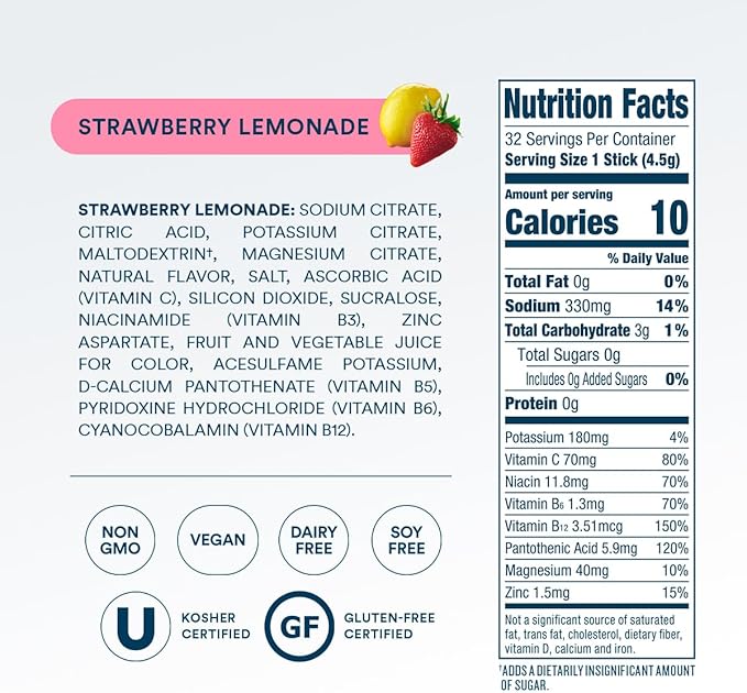 DripDrop Sugar Free Hydration Packets - Zero Strawberry Lemonade - Single Serve Electrolytes Powder Drink Mix - Non-GMO, Gluten Free, Vegan - 32 Sticks