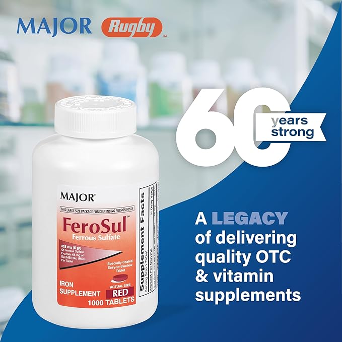 Major FeroSul - Ferrous Sulfate 325 mg Tablets - Iron Supplement for Women and Men - Specially Coated Easy-to-Swallow Tablets - Red - 1000 Count