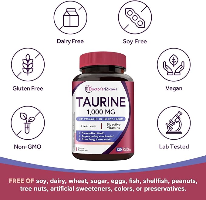 Doctor's Recipes Taurine Supplement 1000mg, Amino Acids Supplement with Vitamins B1, B2, B6, Folate, Methyl B12, Non-GMO, No Gluten & Soy, Support Heart, Visual, Nerve Health, 120 Veggie Capsules