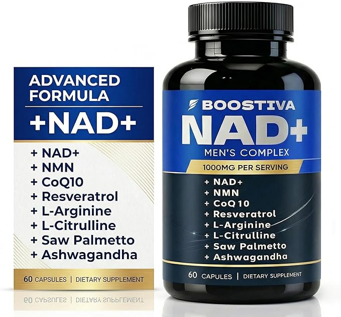 Boostiva NAD+ Supplements for Men, with Resveratrol, CoQ10, L Citrulline and Lycopene, Anti-Aging, Stamina, 60capsules