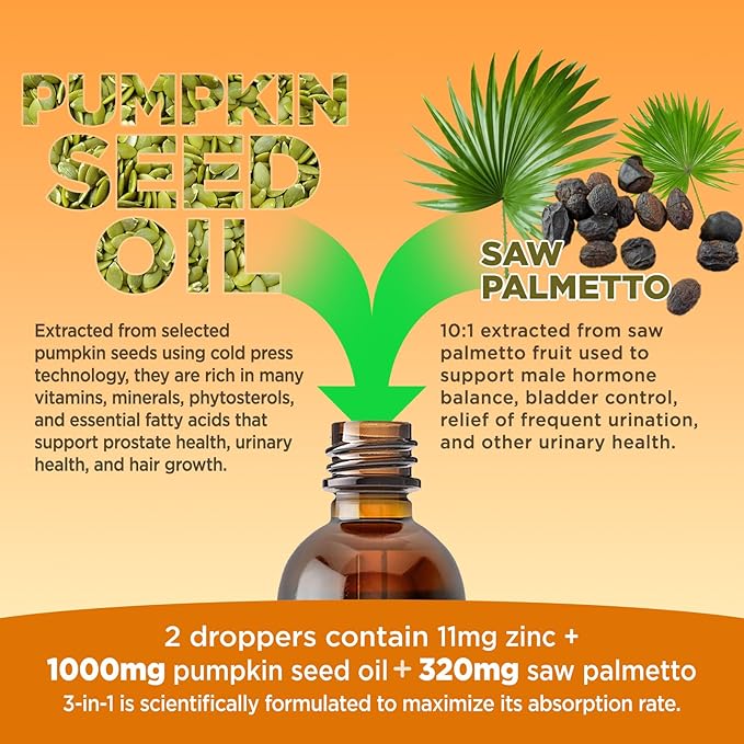 Pumpkin Seed Oil - DHT Blocker for Men Women Hair Growth, Organic Pumpkin Seed Extract with Saw Palmetto for Prostate & Urinary Health, Cold Pressed Supplements Liquid Drops, Lemon, Vegan, 2 Fl Oz