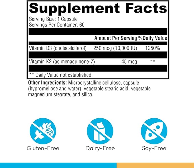XYMOGEN K2-D3 10000 - Vitamin D3 K2 - Bioavailable Vitamin D 10,000 IU (Cholecalciferol) with MK-7 - Heart, Arterial, Bone Health + Immune Support Supplement (60 Capsules)