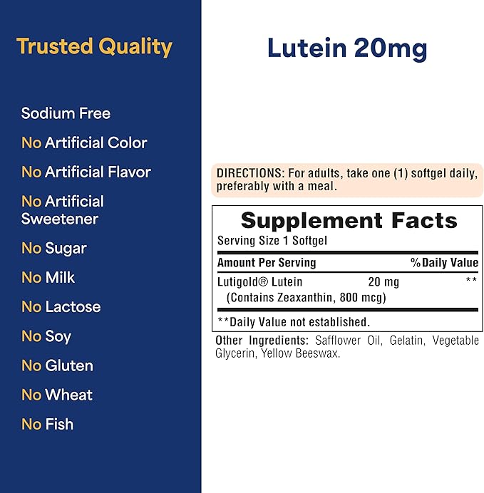 Puritan's Pride Premium Lutigold™ Lutein Carotenoid 20mg with Zeaxanthin for Men and Women, Dietary Supplement for Eye Health Support, 8 Month Supply, 120 Easy-to-Swallow Softgels