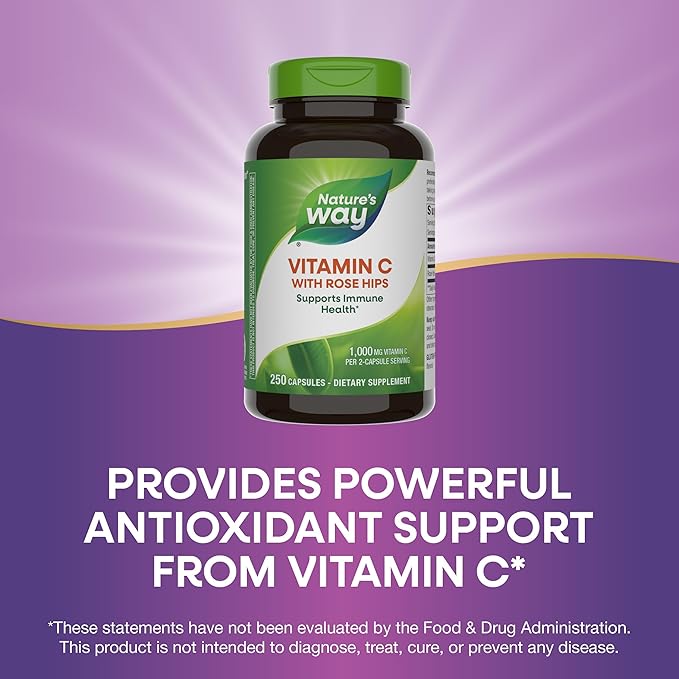 Nature's Way Vitamin C with Rose HIPS, Antioxidant & Immune Function Support from Vitamin C*, Promotes Collagen for Healthy Skin*, 1,000 mg*, 500 Capsules (Packaging May Vary) - 2 Pack