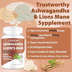 Ashwagandha & Lions Mane Supplement Capsules, Brain Supplements for Memory and Focus, Ashwagandha Supplement with Rhodiola & Black Peppe, Cortisol Supplements for Women & Men,90 Caps